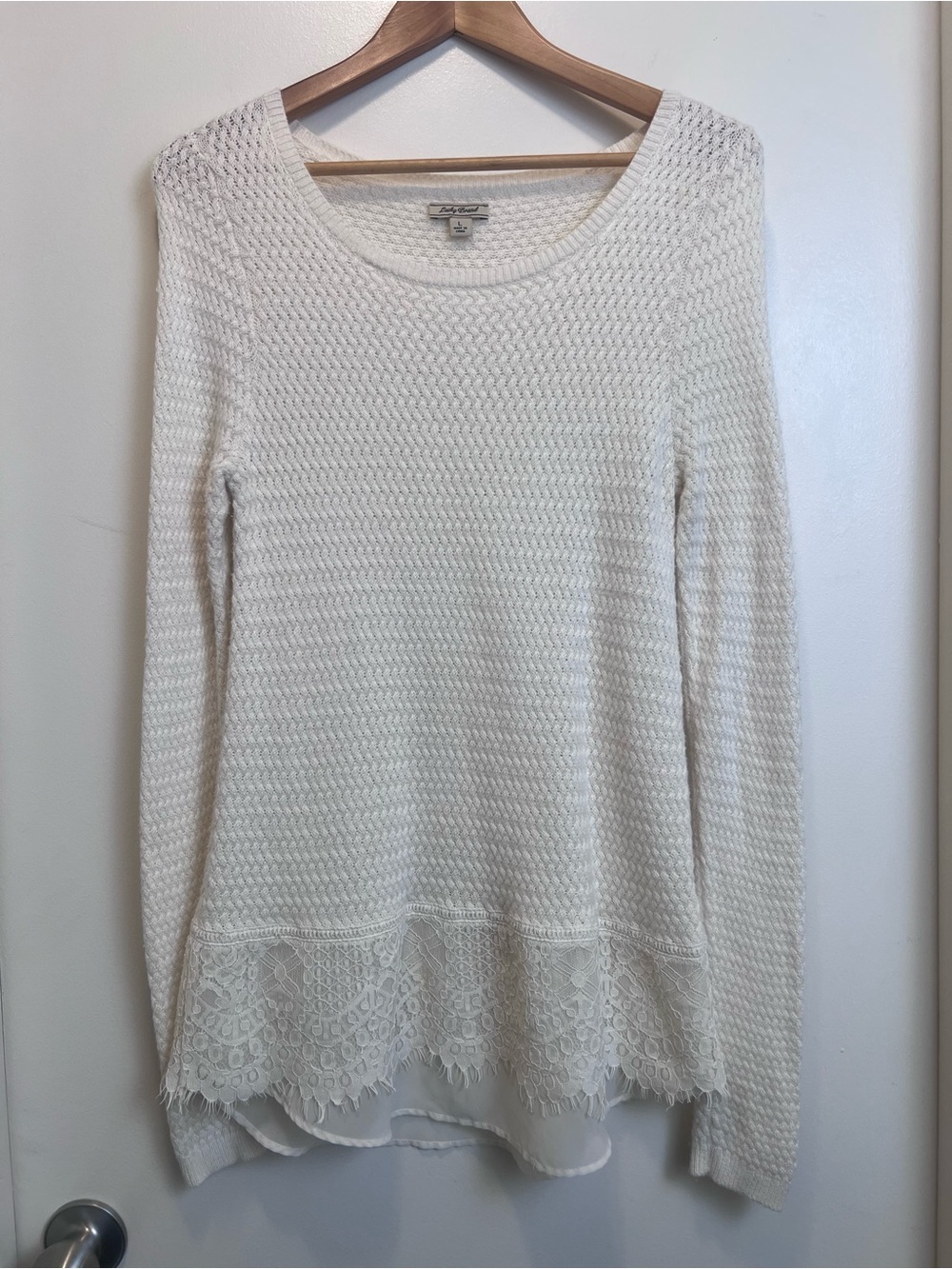 Lucky Brand Ivory Waffle Knit Lace Hem Sweater Layered Cottagecore Top L